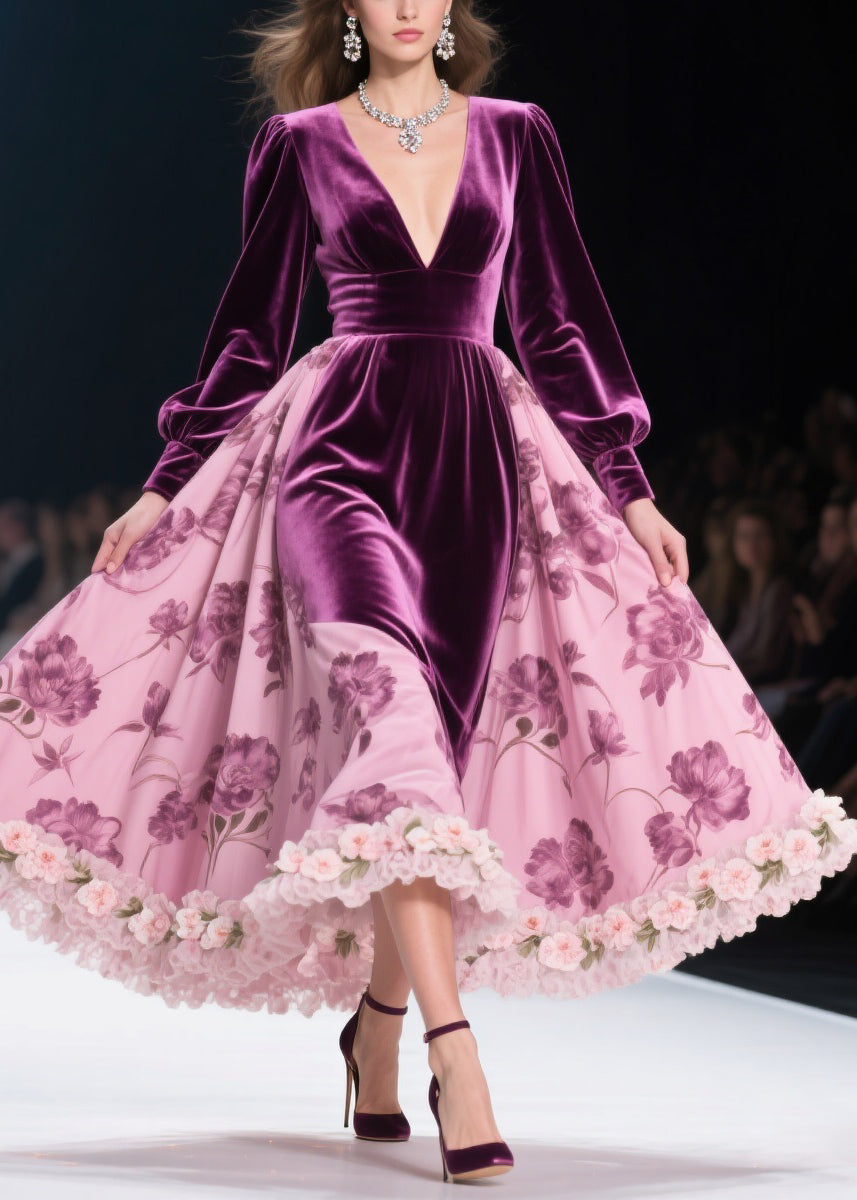 Colorblock Print Lace Floral Silk Velvet Long Dresses Spring