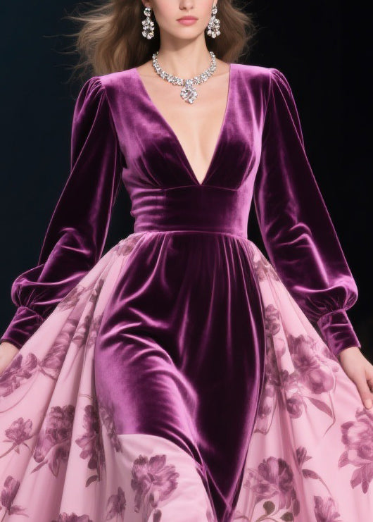 Colorblock Print Lace Floral Silk Velvet Long Dresses Spring