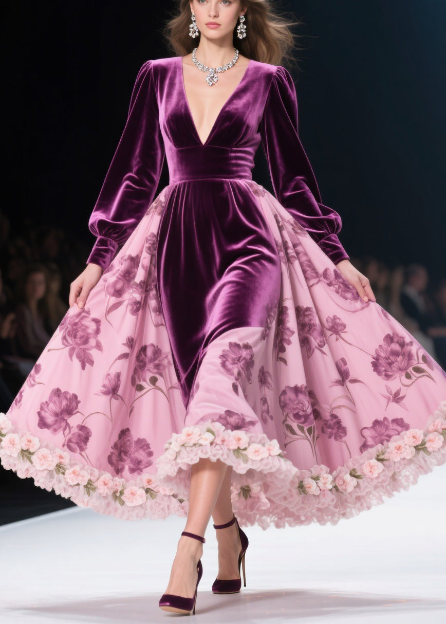 Colorblock Print Lace Floral Silk Velvet Long Dresses Spring