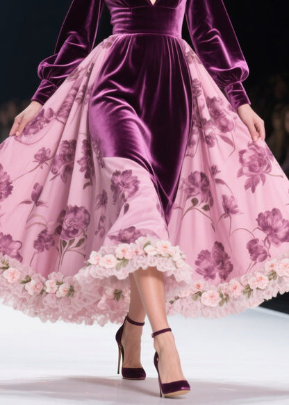 Colorblock Print Lace Floral Silk Velvet Long Dresses Spring