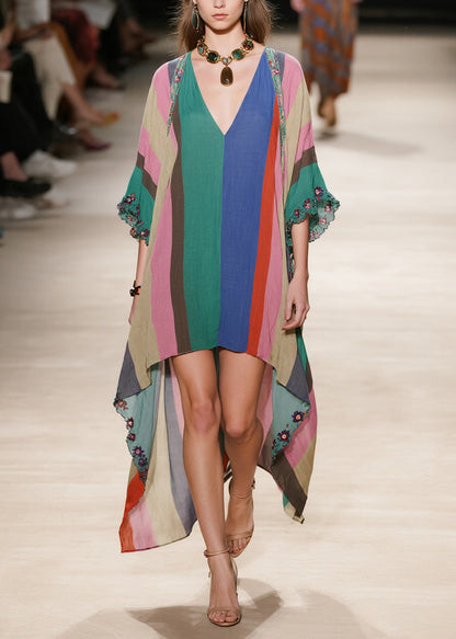 Colorblock Striped Cotton Maxi Dresses Low High Design Summer