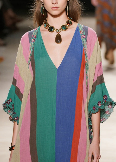 Colorblock Striped Cotton Maxi Dresses Low High Design Summer