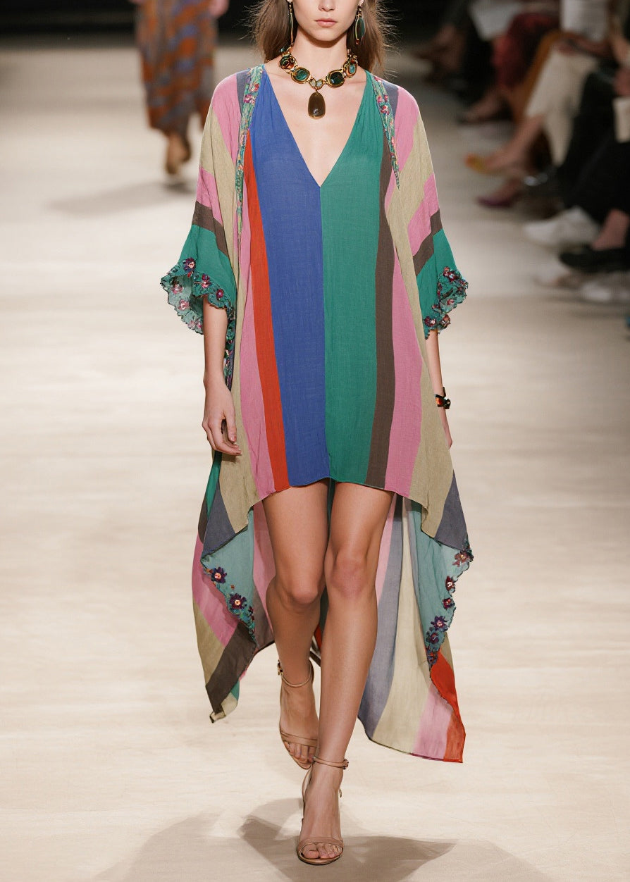 Colorblock Striped Cotton Maxi Dresses Low High Design Summer