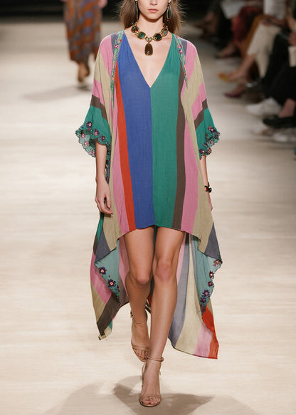 Colorblock Striped Cotton Maxi Dresses Low High Design Summer