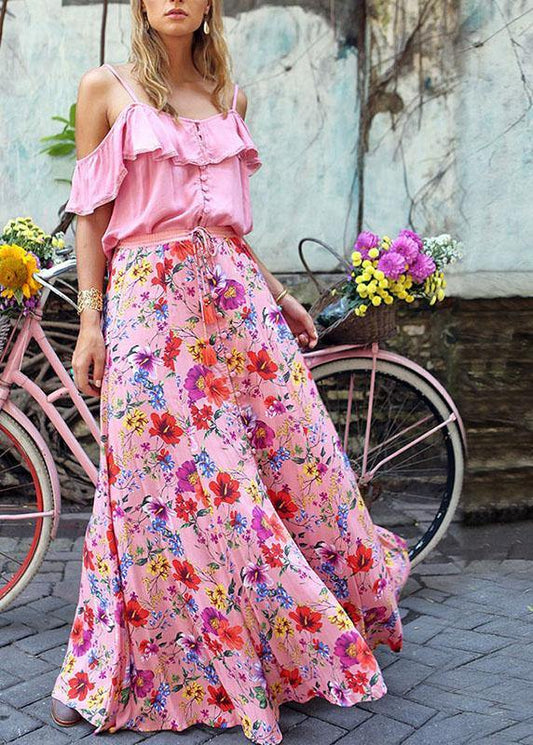 Colorful Floral Print Big Swing Elastic Waist Holiday Casual Long Skirt For Women - SooLinen