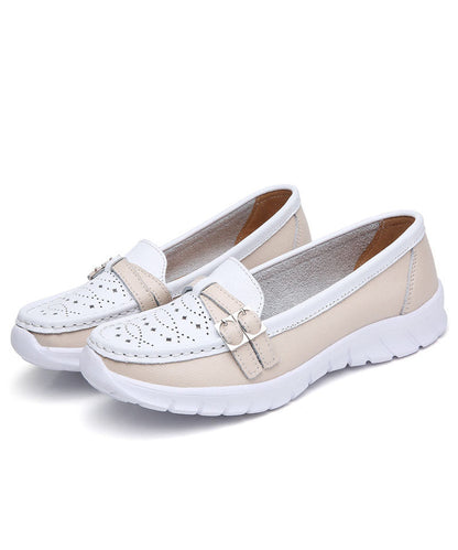 Comfortable Breathable Faux Leather Women Splicing Beige Flat Shoes