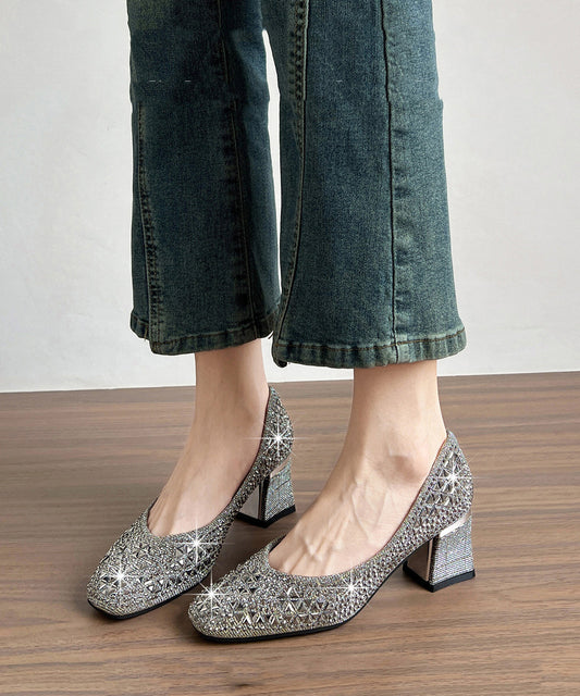 Comfortable Champagne Chunky High Heels Sparkly Faux Leather