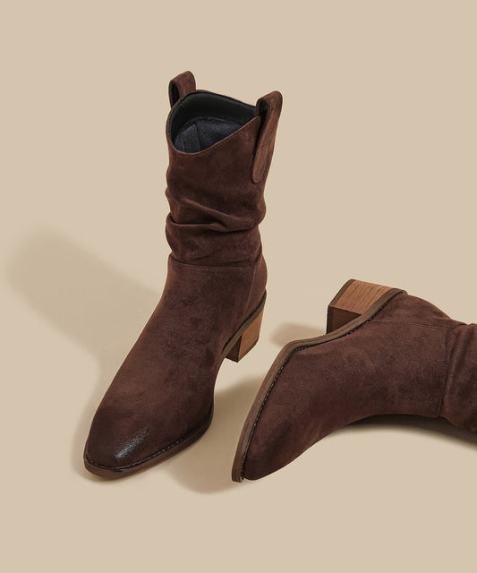 Bequeme, knitterfreie Chunky Boots aus braunem Wildleder