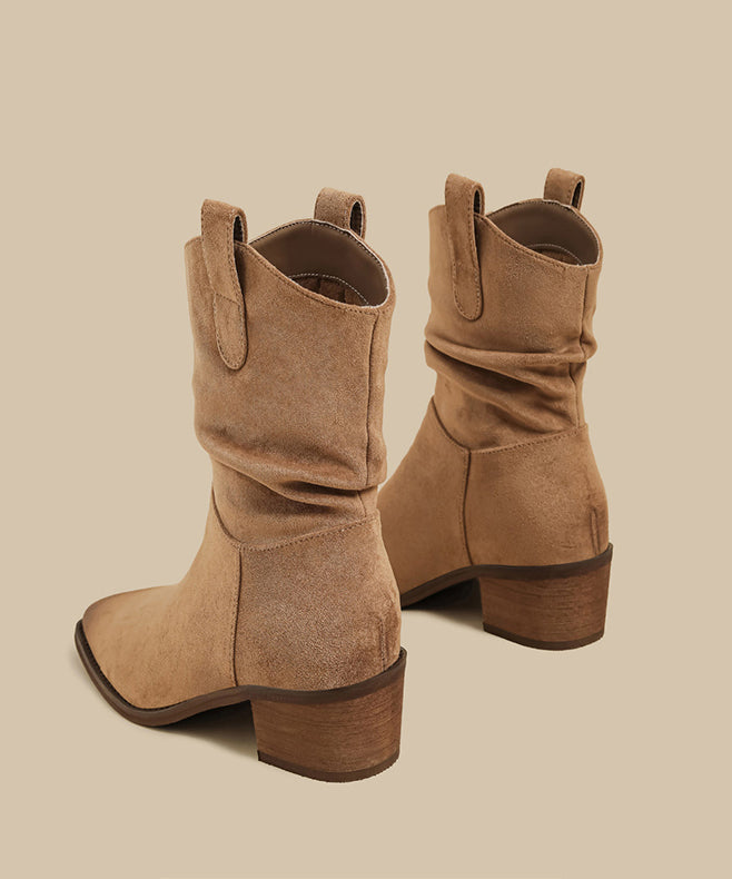 Bequeme, knitterfreie Chunky Boots aus braunem Wildleder