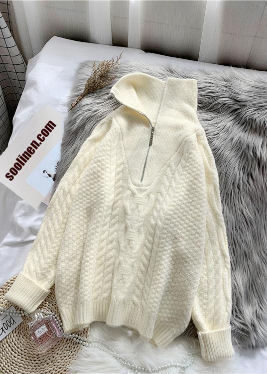 Comfy  light green knitted blouse trendy plus size high neck zippered knit tops - SooLinen