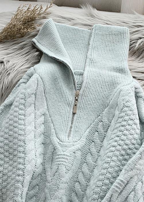 Comfy  light green knitted blouse trendy plus size high neck zippered knit tops - SooLinen