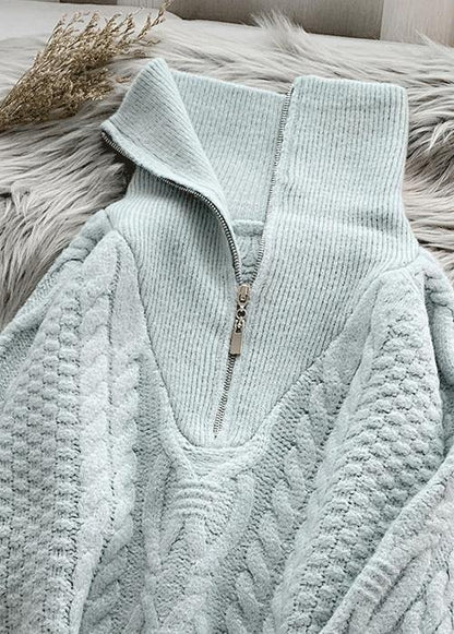 Comfy  light green knitted blouse trendy plus size high neck zippered knit tops - SooLinen