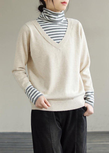 Comfy Beige Blouse Patchwork High Neck Plus Size Spring Knitted Blouse - SooLinen