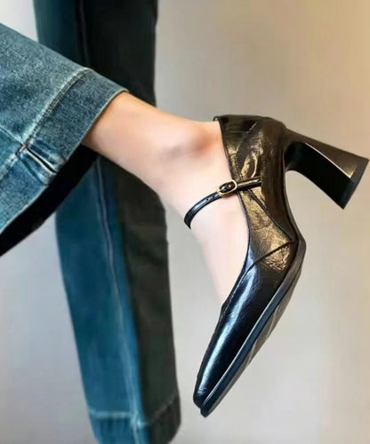 Comfy Black Buckle Strap Faux Leather Chunky High Heels