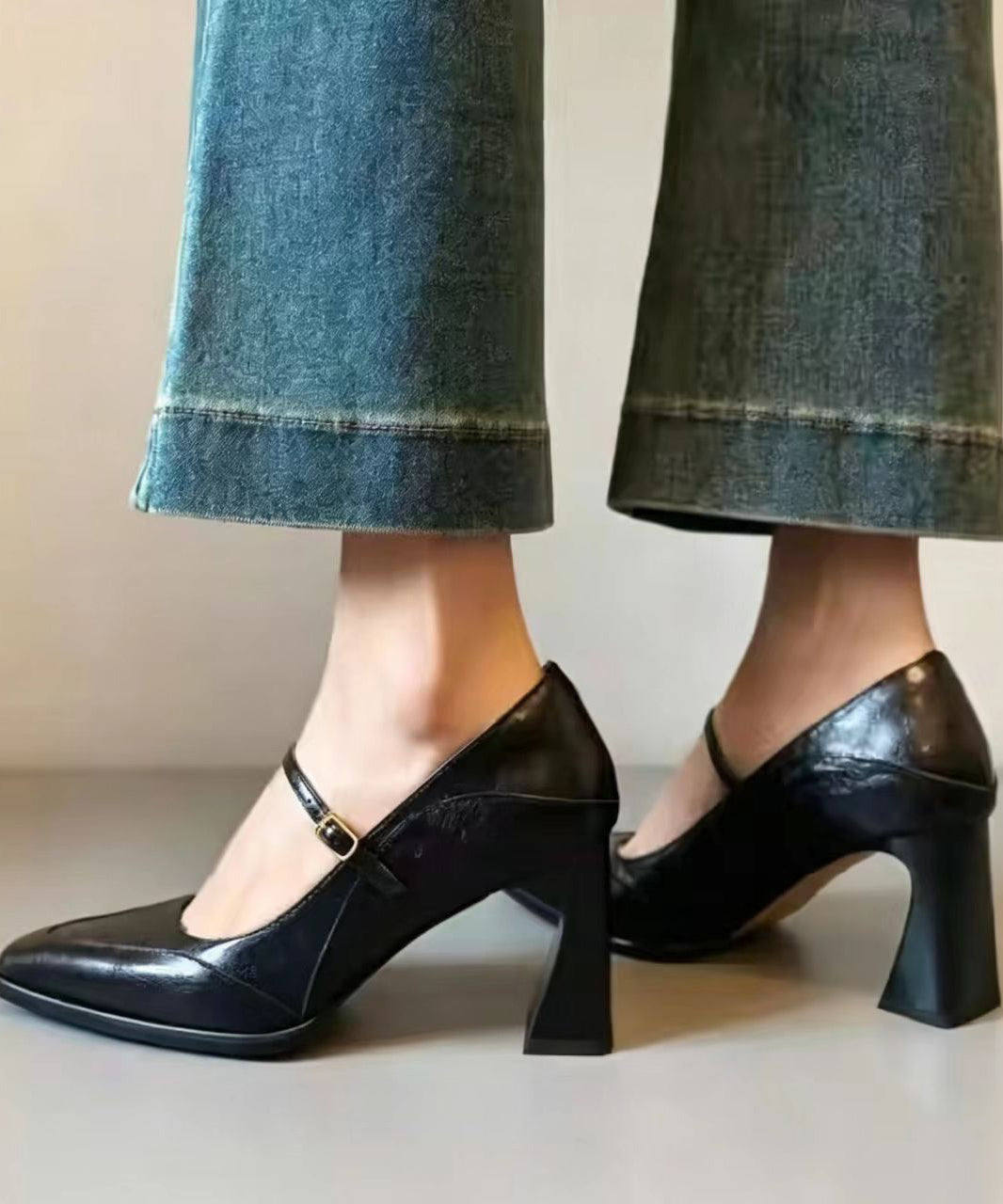 Comfy Black Buckle Strap Faux Leather Chunky High Heels