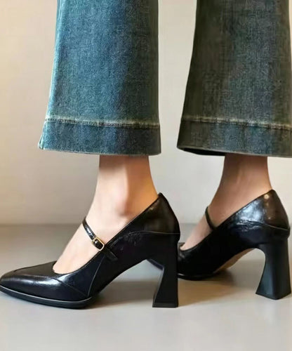 Comfy Black Buckle Strap Faux Leather Chunky High Heels