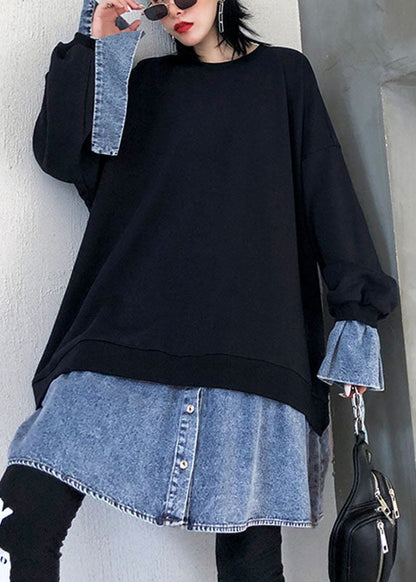 Bequemes schwarzes Herbst-Sweatshirt-Oberteil mit Patchwork-Knopf und Rundhalsausschnitt