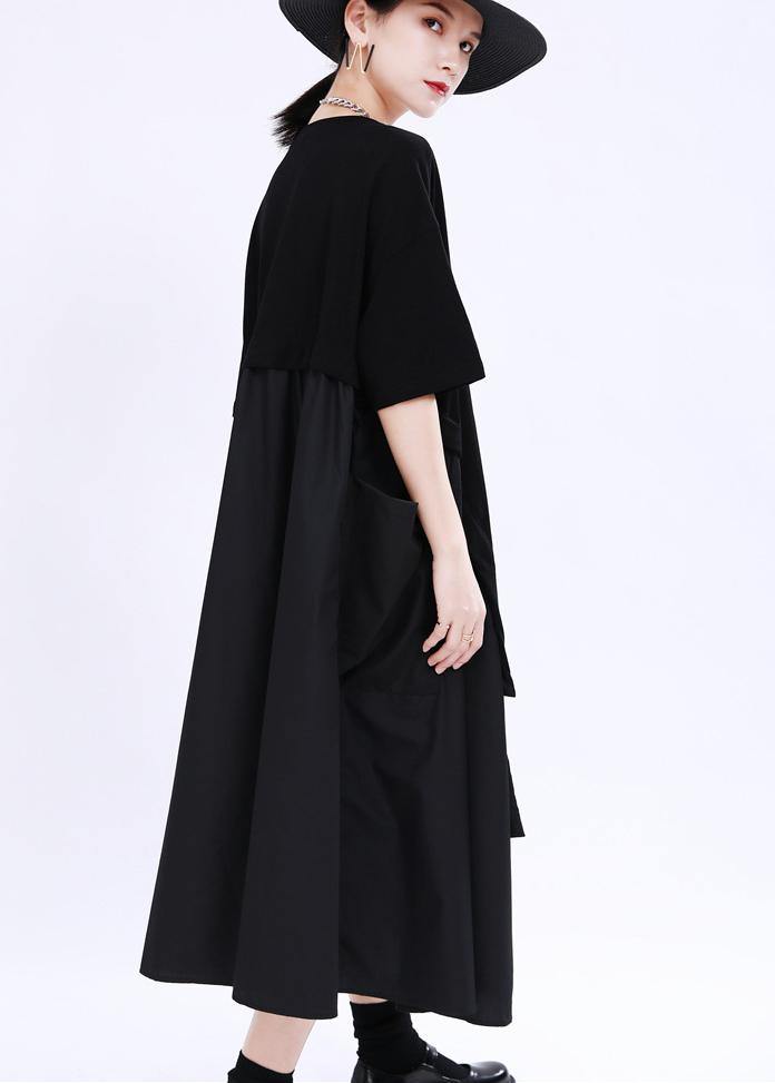 Comfy Black Patchwork Pockets Summer Cotton Dress - SooLinen