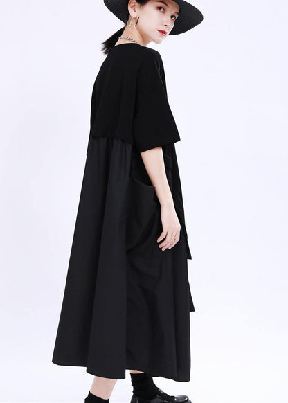 Comfy Black Patchwork Pockets Summer Cotton Dress - SooLinen
