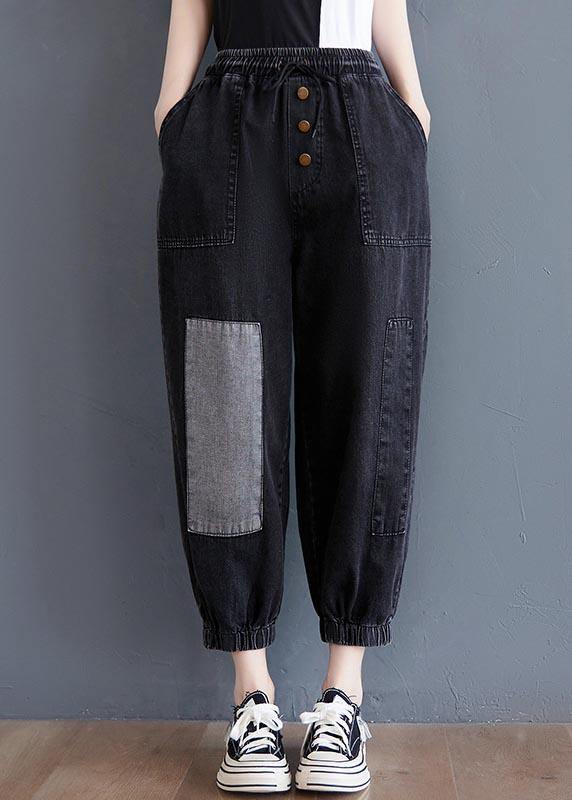 Comfy Black Patchwork jeans Summer Cotton - SooLinen