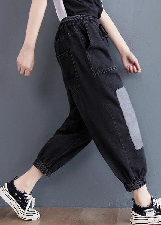 Comfy Black Patchwork jeans Summer Cotton - SooLinen
