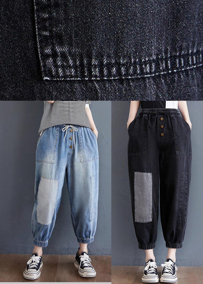 Comfy Black Patchwork jeans Summer Cotton - SooLinen