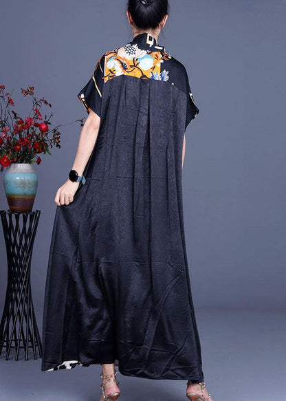 Comfy Black Print Patchwork Silk Robe Dresses Summer - SooLinen