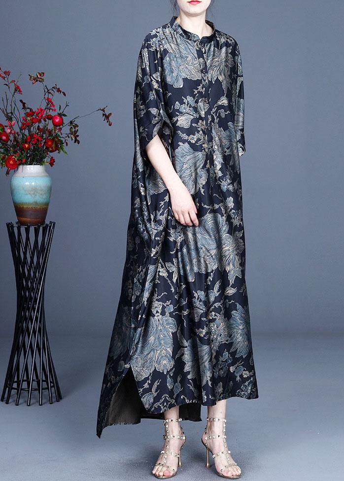 Comfy Black Print Summer Silk side open Dress - SooLinen