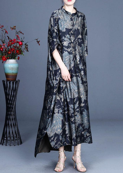 Comfy Black Print Summer Silk side open Dress - SooLinen