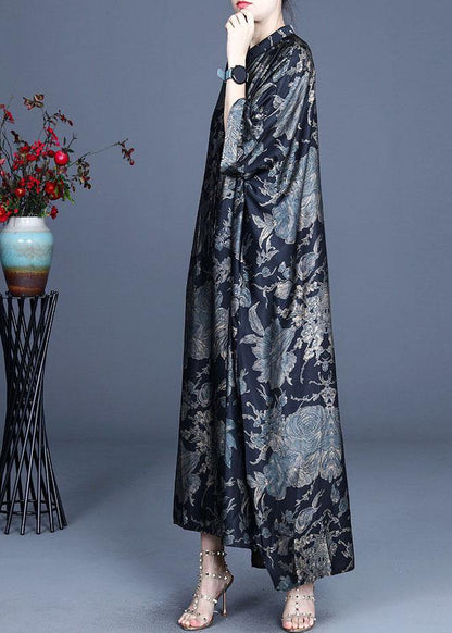 Comfy Black Print Summer Silk side open Dress - SooLinen