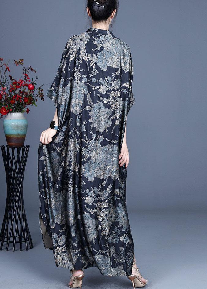 Comfy Black Print Summer Silk side open Dress - SooLinen