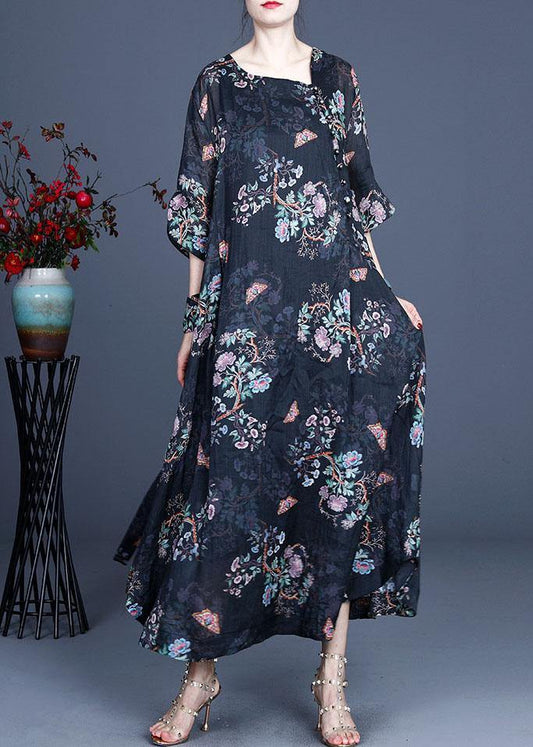 Comfy Black Retro Print Oriental Summer Chiffon Summer Dress - SooLinen