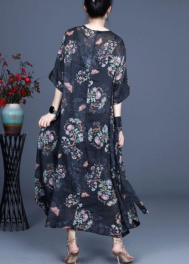 Comfy Black Retro Print Oriental Summer Chiffon Summer Dress - SooLinen