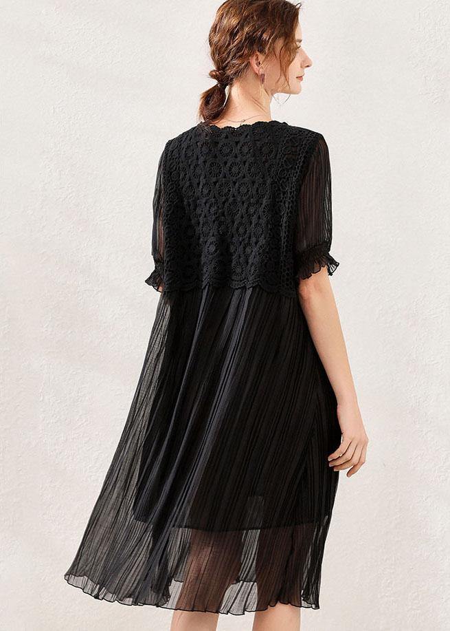 Comfy Black Wrinkled Patchwork Spring Short Sleeve Dress - SooLinen