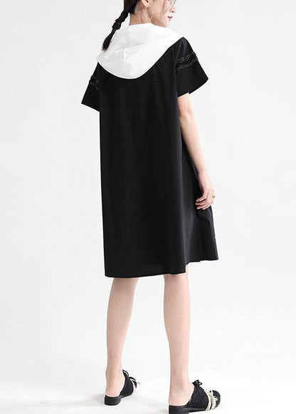 Comfy Black hooded Design Patchwork Summer Mini Dresses Short Sleeve - SooLinen