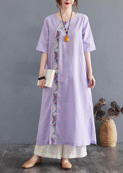 Comfy Comfy Light Purple Embroidery Cotton Linen Maxi Summer Dress - SooLinen
