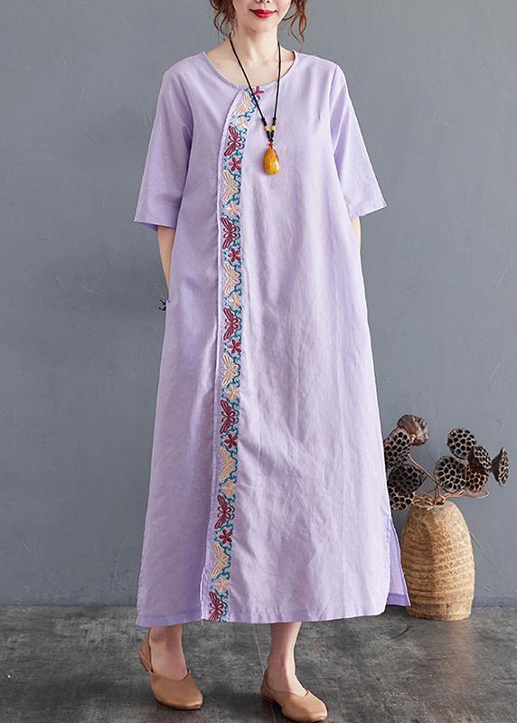 Comfy Comfy Light Purple Embroidery Cotton Linen Maxi Summer Dress - SooLinen