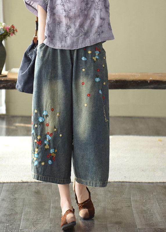 Comfy Dark color Embroideried Hole Wide Leg denim Pants - SooLinen