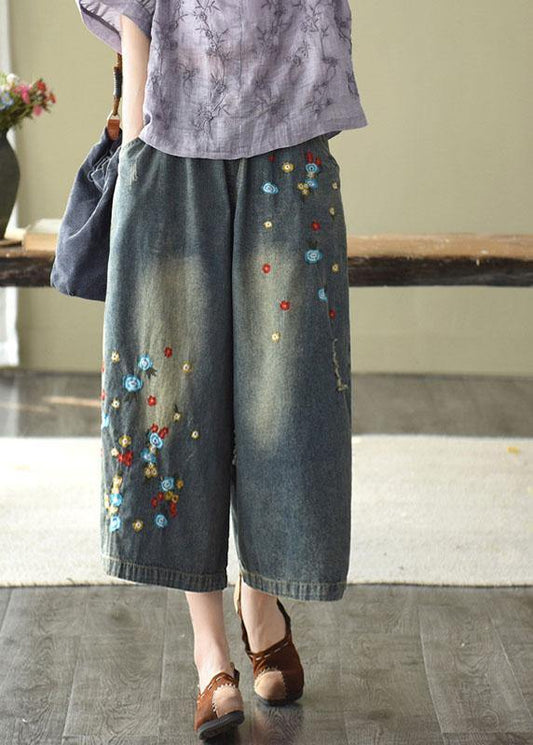 Comfy Dark color Embroideried Hole Wide Leg denim Pants - SooLinen