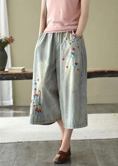 Comfy Grey Embroideried Wide Leg denim Pants For Women - SooLinen
