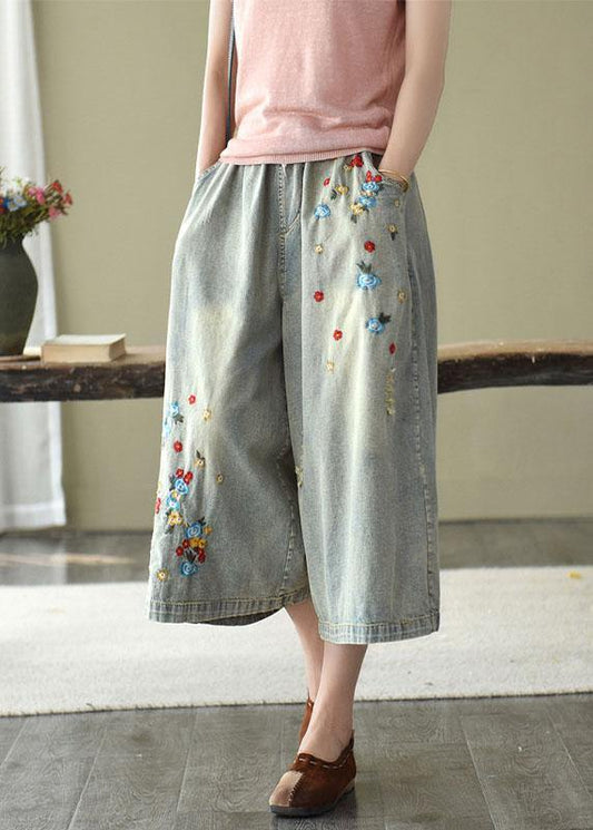 Comfy Grey Embroideried Wide Leg denim Pants For Women - SooLinen