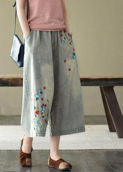 Comfy Dark color Embroideried Hole Wide Leg denim Pants - SooLinen