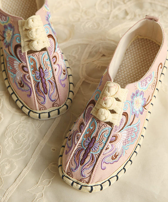 Bequeme flache Schuhe mit besticktem Schnallenriemen und rosa Leinenstoff für Damen