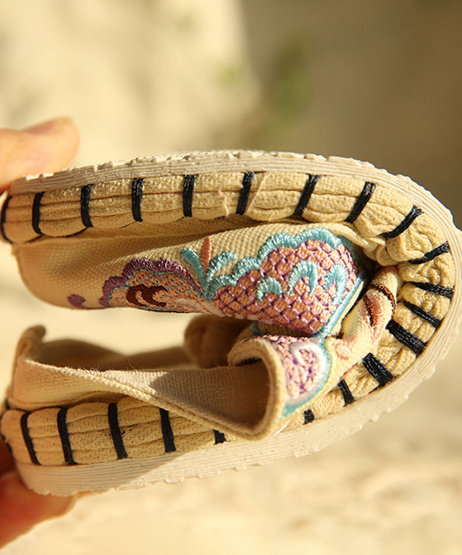 Bequeme flache Schuhe mit besticktem Schnallenriemen und rosa Leinenstoff für Damen