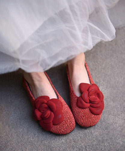 Comfy Floral Splicing Penny Loafers Red Sheepskin