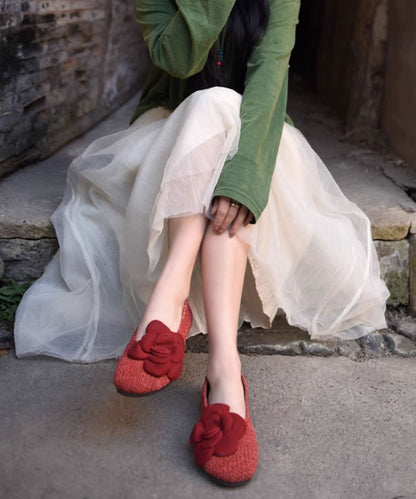 Comfy Floral Splicing Penny Loafers Red Sheepskin