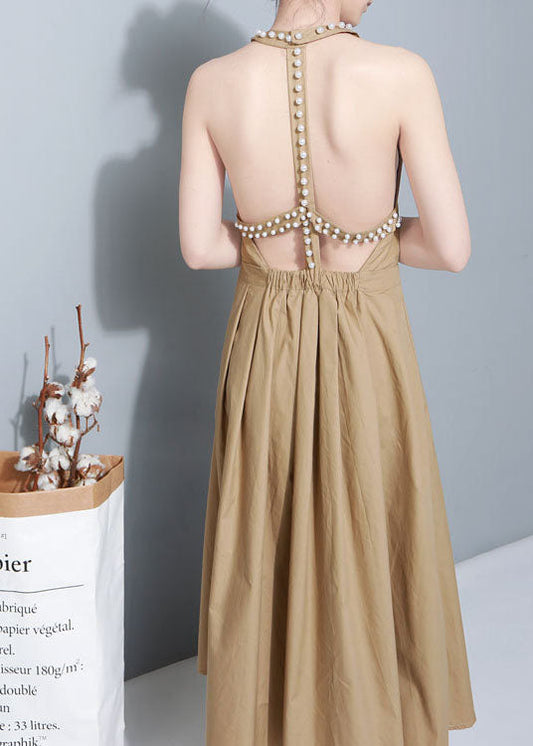 Bequeme Khaki Nagelperlen Patchwork Herbst Maxikleider Ärmellos