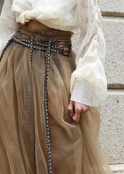 Comfy Khaki tie waist Patchwork Skirt Summer - SooLinen