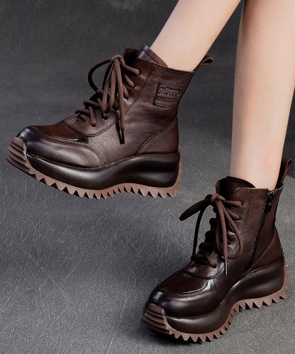 Comfy Lace Up Splicing Platform Boots Coffee Cowhide Leather