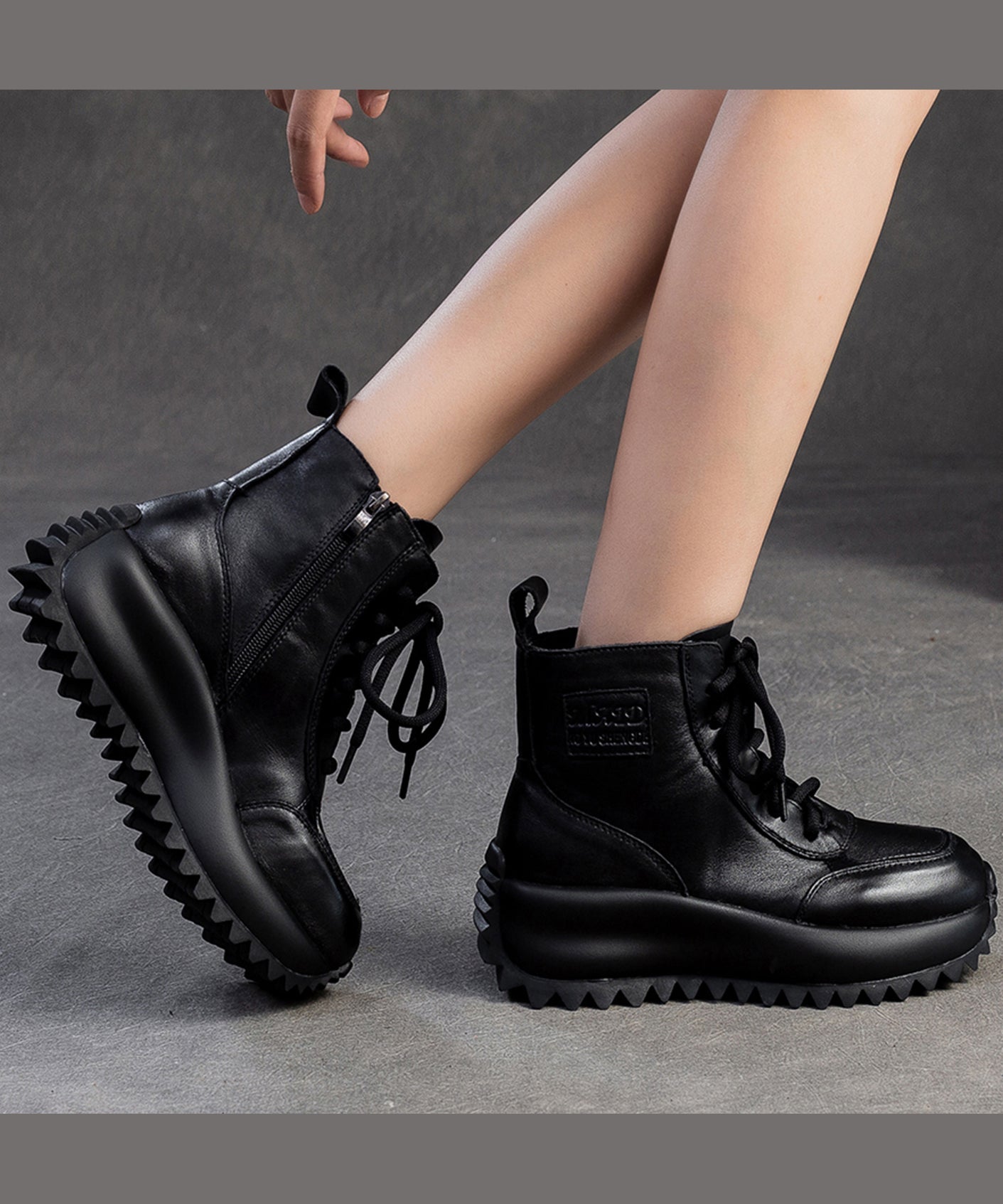 Comfy Lace Up Splicing Platform Boots Coffee Cowhide Leather